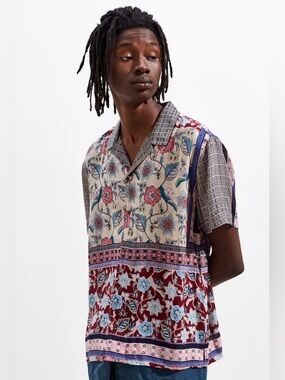 RAGA MAN Floral Tapestry Button Down Shirt Viscose Boho Print Size S
